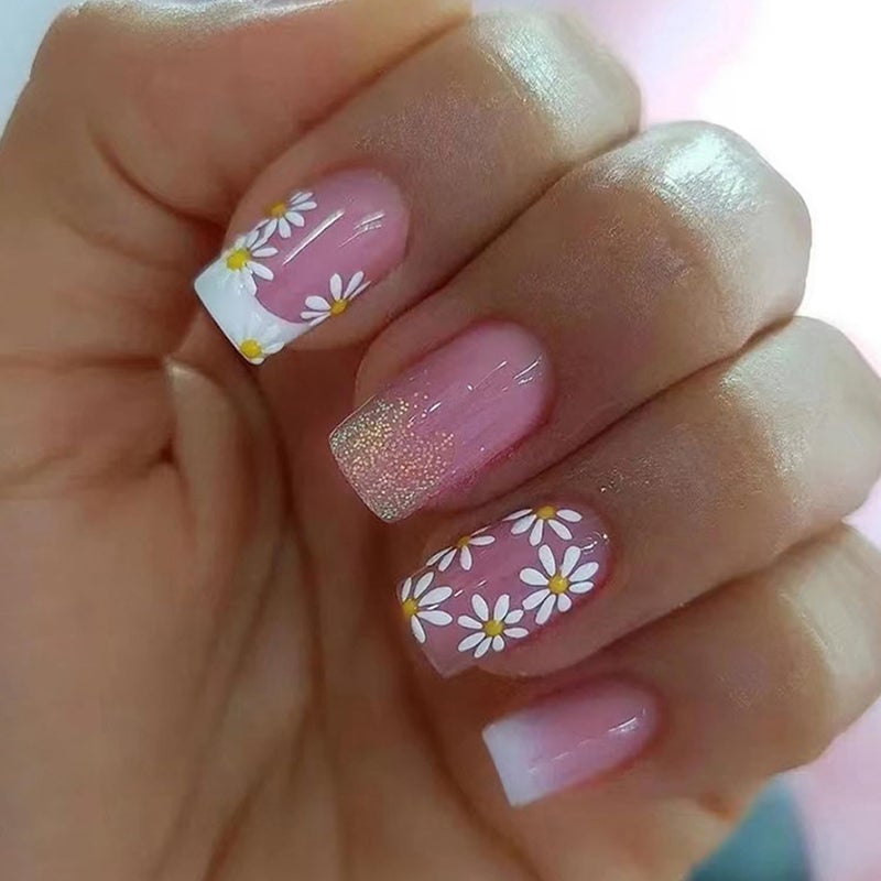 Vopintpy White Flower French Tip Press on Nails Square Medium Length Fake Nails Pink Gradient False Nails with Glitter Design Glossy Full Cover Artificial Nails Reusable Stick on Nails Glue on Nails for Women - Image 1
